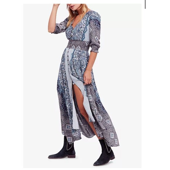 FREE PEOPLE Mexicali Rose Smocked Waist Maxi Dress Blue Size XS Boho Bohemian - Picture 16 of 16